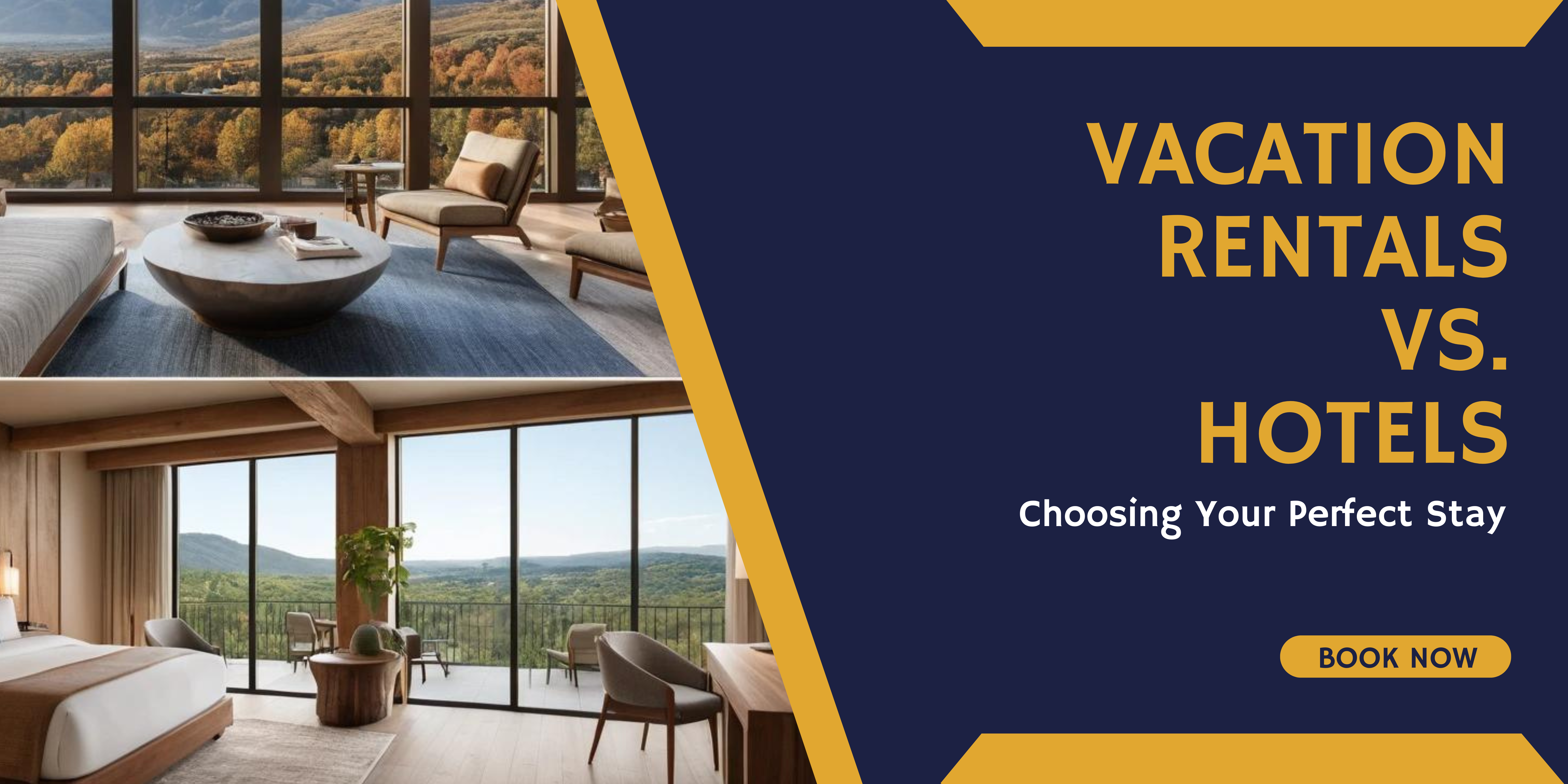 The lead image should depict a split view of a cozy vacation rental and a luxurious hotel room. This visual contrast highlights the two accommodation options, inviting readers to explore the benefits of each choice in their travel planning.